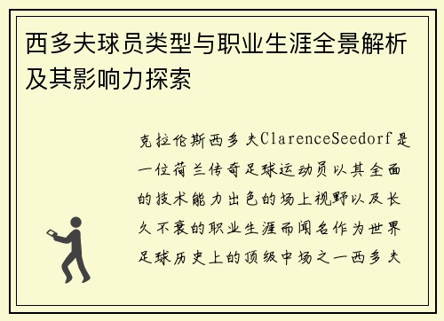 西多夫球员类型与职业生涯全景解析及其影响力探索